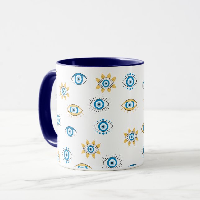Mug Motif bleu, or et blanc de l'oeil grec Mati (Devant gauche)