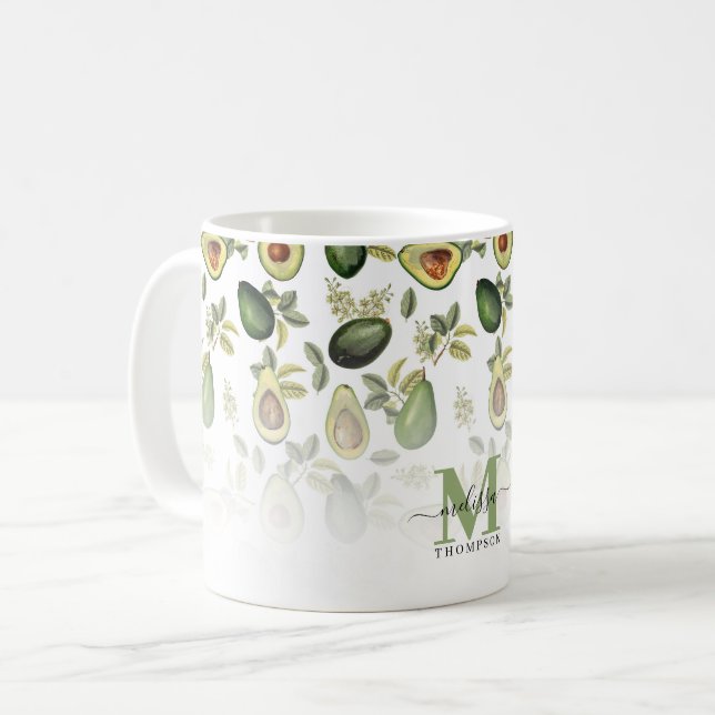 Mug Motif botanique vert Avocado Monogrammé (Devant gauche)