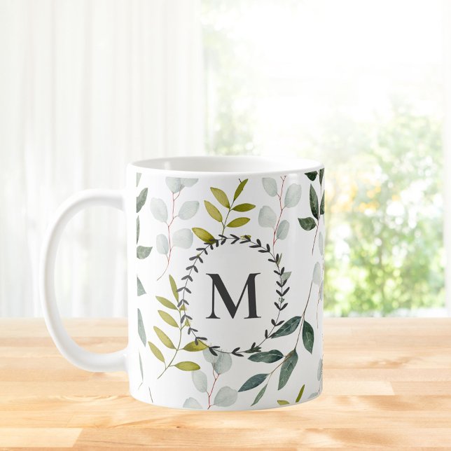 Mug Motif d'aquarelle Feuille vert monogramme (In situ)
