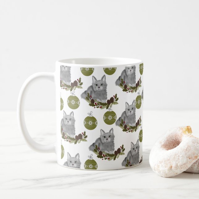 Mug Motif de chat gris avec ornements verts (Avec donut)