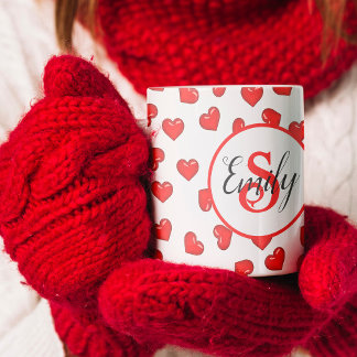 Mug motif de coeur rouge élégant sur blanc monogrammed