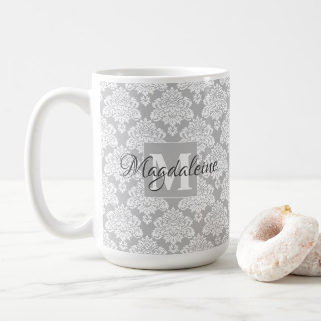 Mug Motif de Damas Florales Plutôt Gris Monogramme & N (Avec donut)