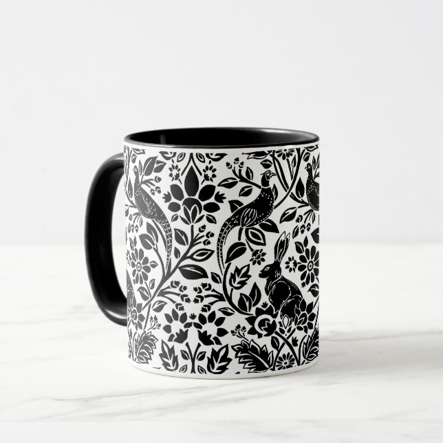 Mug Motif de faisan et lièvre, blanc et noir (Devant gauche)