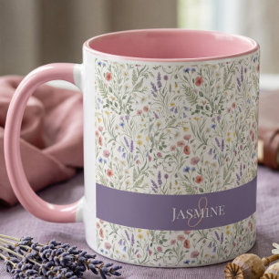 Mug Motif de fleur sauvage lavande avec monogramme
