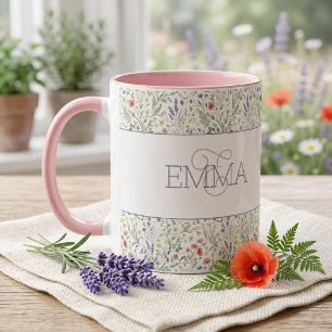 Mug Motif de fleur sauvage lavande boho avec nom monog