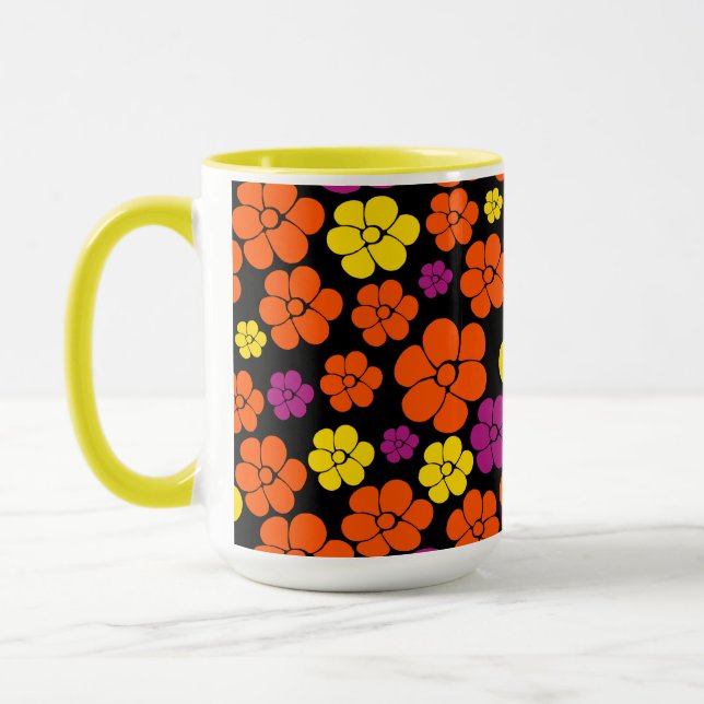 Mug Motif de fleurs - Noir, Rose, Orange et Jaune (Gauche)