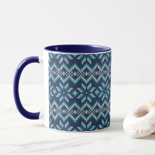 Mug Motif de flocons de neige bleu et blanc Faux Knit 