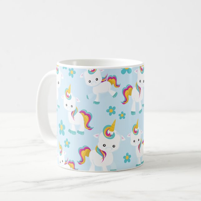 Mug Motif D'Unicornes, De Mignons Unicornes, Fleurs (Devant gauche)