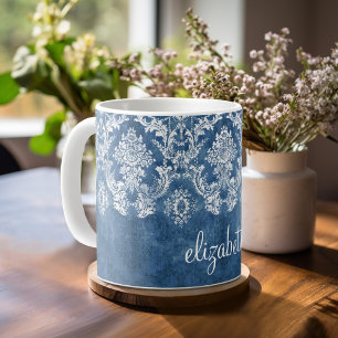 Mug Motif et nom vintages bleus de damassé de saphir