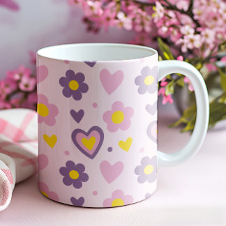 Mug Motif Fleurs Rétro Cœurs Rose, Violet, Jaune