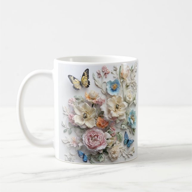 Mug Motif Floral 3D Avec Papillons Vibrants (Gauche)