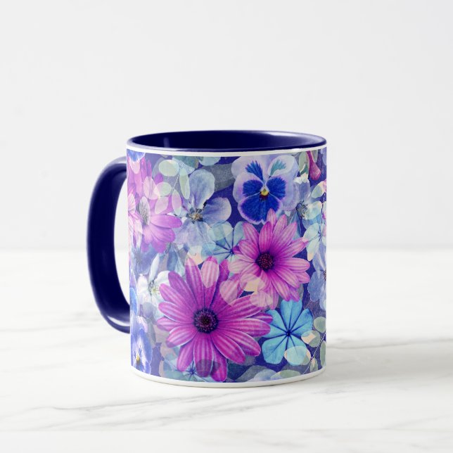 Mug Motif Floral bleu magenta rose (Devant gauche)