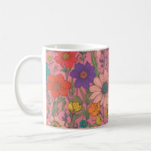 Mug Motif floral coloré sur rose