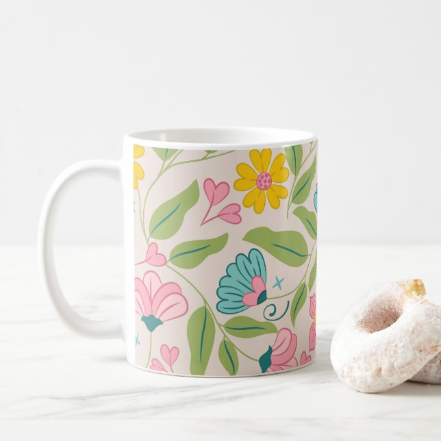 Mug Motif floral de printemps sur rose (Avec donut)