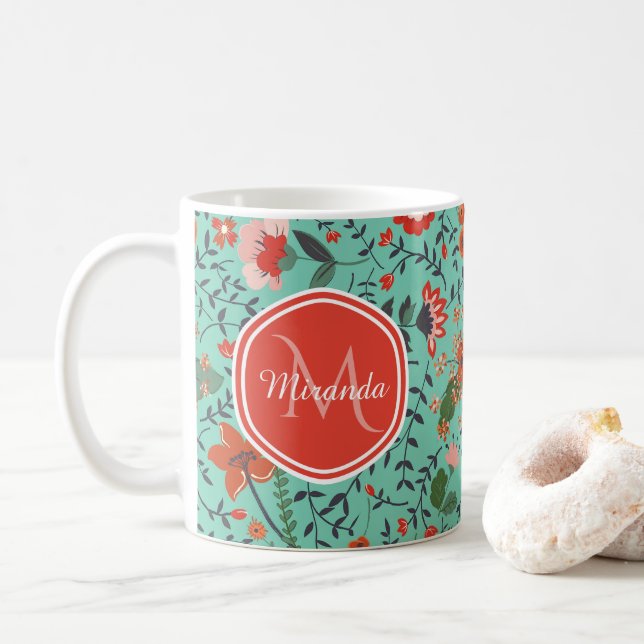 Mug Motif floral en Monogramme Turquoise et orange et  (Avec donut)