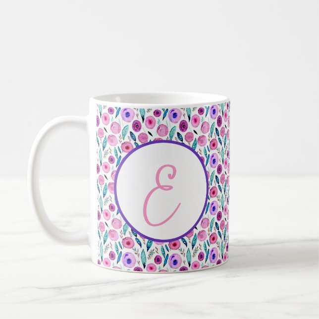 Mug Motif floral rose et violet monogramme (Gauche)