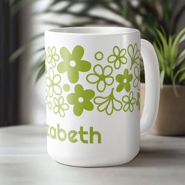 Mug Motif fou de marguerite en vert printemps avec nom (Custom Crazy Daisy Mug)
