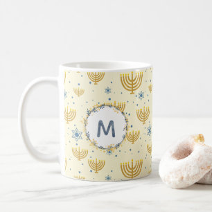 Mug Motif Hanoukka + Monogramme d'aquarelle bleu marin