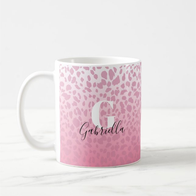 Mug Motif Léopard rose Personnalisé Monogramme & Nom (Gauche)