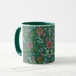 Mug Motif oriental antique motif floral vert rose brun