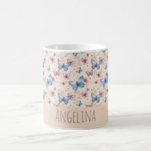 Mug Motif papillon rose bleu aquarelle nom
