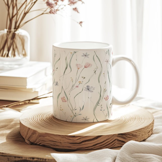 Mug Motif Pastel Tiny Spring Flowers (Pastel Tiny Spring Flowers Pattern Coffee Mug on a sunny neutral boho kitchen table.)
