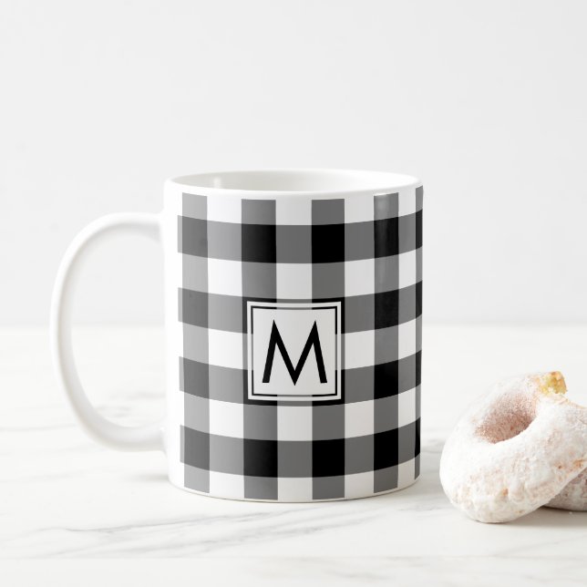 Mug Motif plaqué En vichy noir blanc avec Monogramme (Avec donut)