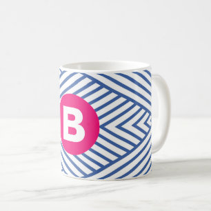 Mug Motif rayé bleu abstrait avec monogramme rose