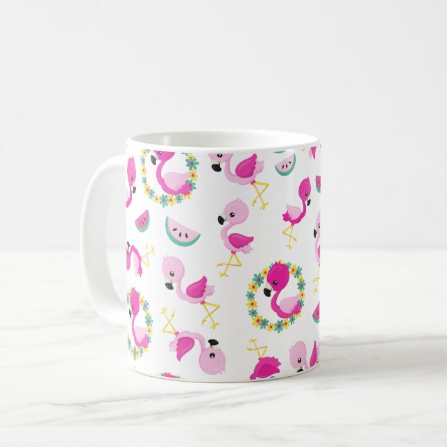 Mug Motif tropical, Flamants roses, pastèques, Fleurs (Devant gauche)