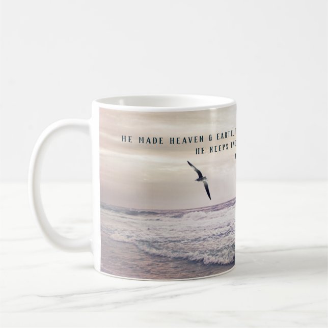 Mug Mouette grise avec la plage de Psaum Bible Verse (Gauche)