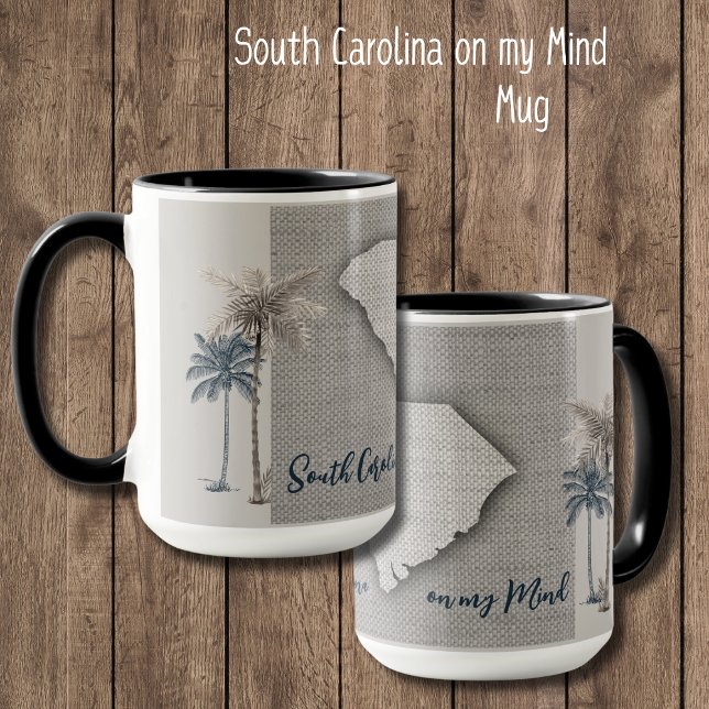Mug Mousse de lin de palmier de Caroline du Sud (South Carolina on my Mind mug. A unique design of linen, SC outline, and palm trees. Perfect gift!)