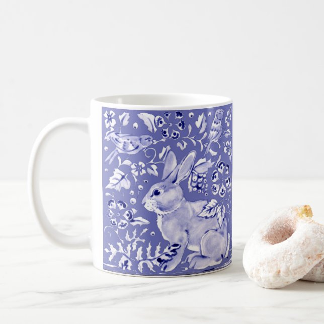 Mug Moyenne Blue Rabbit Oiseau Floral Asiatique Art Dé (Avec donut)