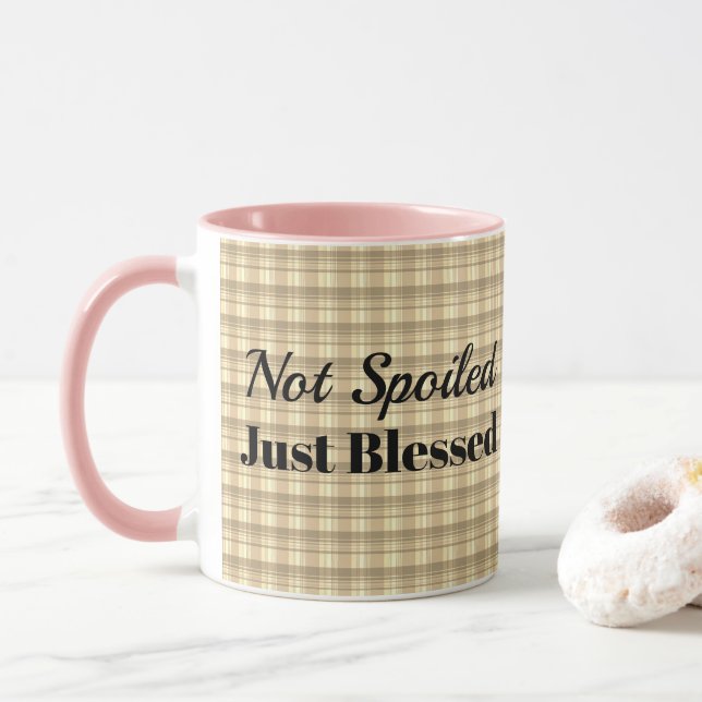 Mug Mug-Deux Tone-Tan Plaid-Pas Gâché Juste Béni (Avec donut)