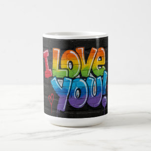 Mug Mur de briques noir avec graffiti « Je t'aime ! »