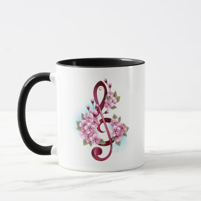 Mug Musical treble clef notes with sakura flowers (Gauche)