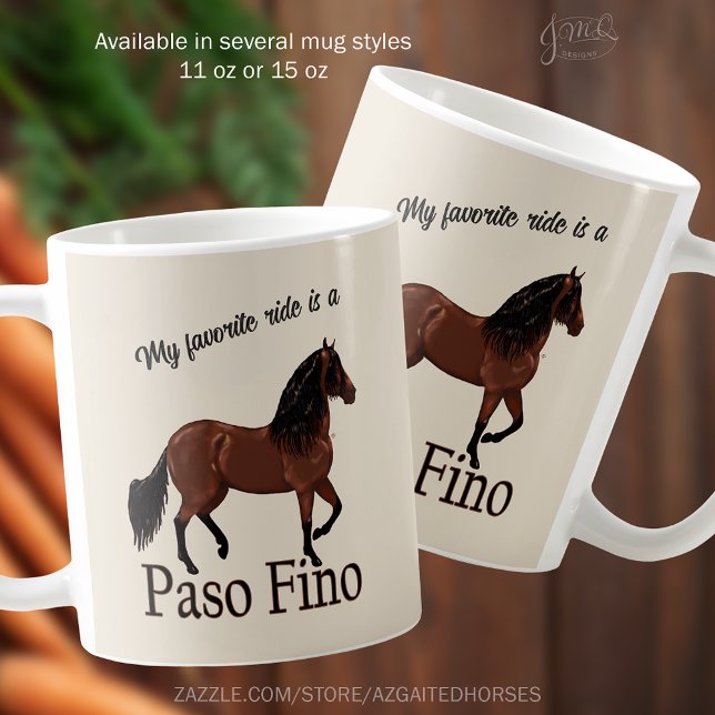Mug My Favorite Ride is a Paso Fino Horse Equestrio (Beige ceramic mug with illustration of a Paso Fino horse and text “My favorite ride is a Paso Fino")