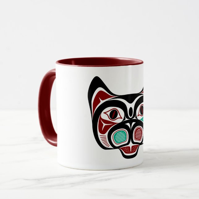 Mug Native American Red Black Green Haida Art Kitty (Devant gauche)