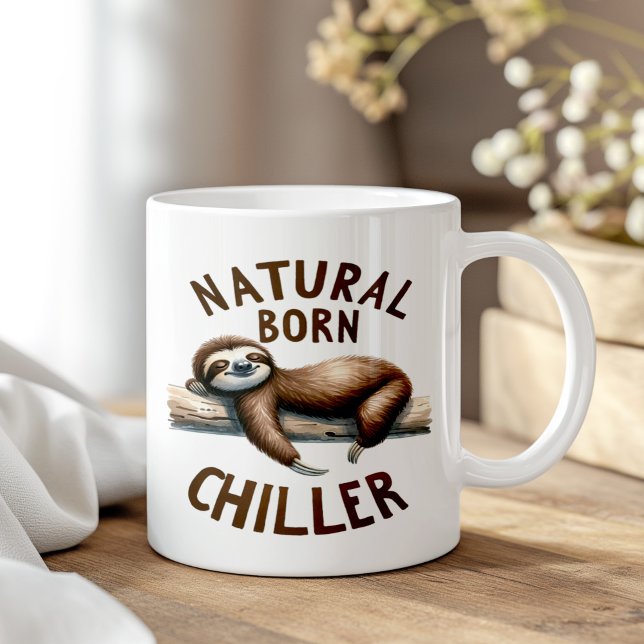 Mug "Natural Born Chiller" mignonne Drôle Sleeping Slo ("Natural Born Chiller" Cute Funny Sleeping Sloth Coffee Mug on a boho wooden table.)