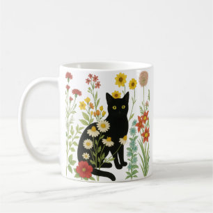 Mug Nature botanique – Chat noir dans un jardin de fle