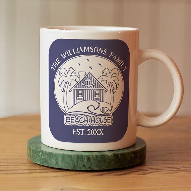 Mug Nautical Beach House Nom de famille Bleu et blanc (Créateur téléchargé)