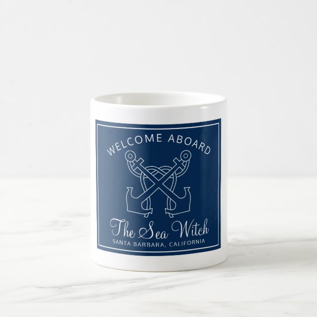 Mug Nautical Navy Blue Welcome Aboard Nom du bateau (Centre)