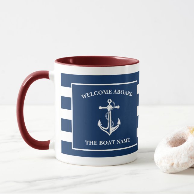 Mug Nautical Navy Blue Welcome Aboard Nom du bateau An (Avec donut)