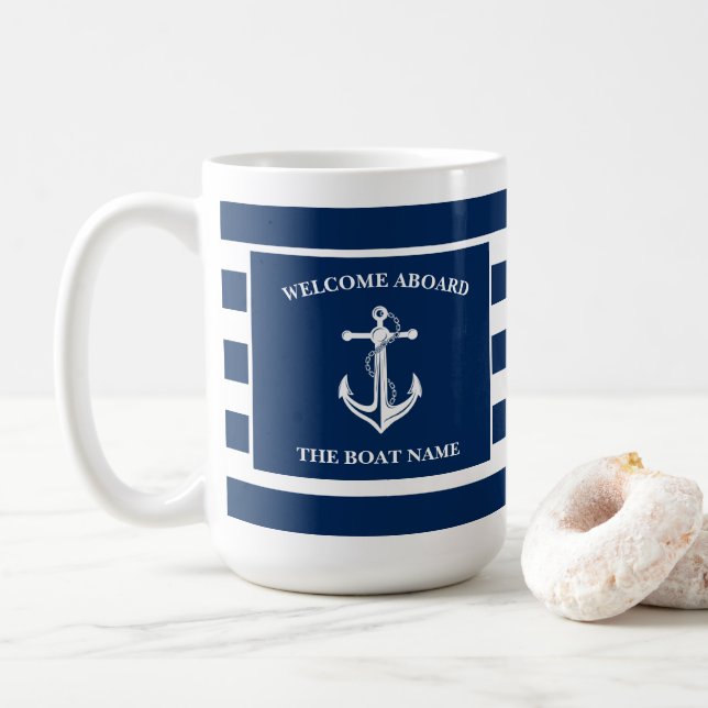 Mug Nautical Navy Blue Welcome Aboard Nom du bateau An (Avec donut)