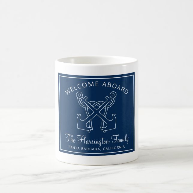 Mug Nautical Navy Blue Welcome Boat Nom de famille (Centre)