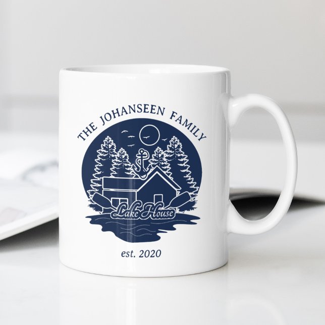 Mug Navy Blue Lake House Ancre nautique Nom de famille (Créateur téléchargé)
