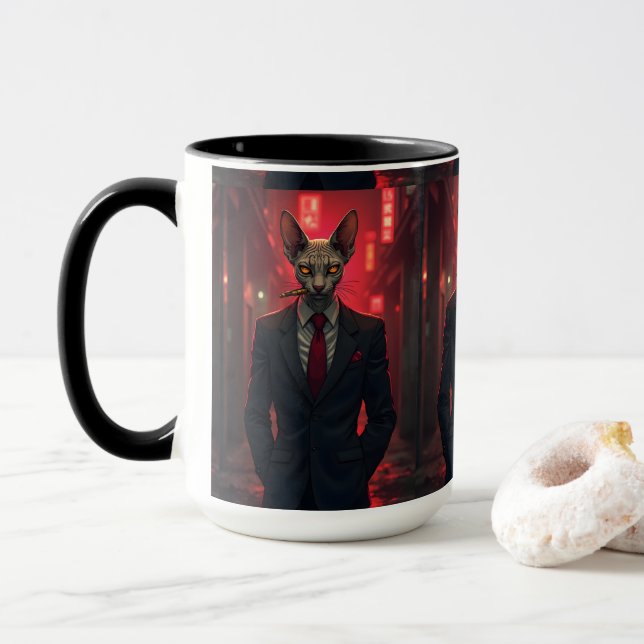 Mug Neon Noir Sphynx Cat in Mafia Style (Avec donut)