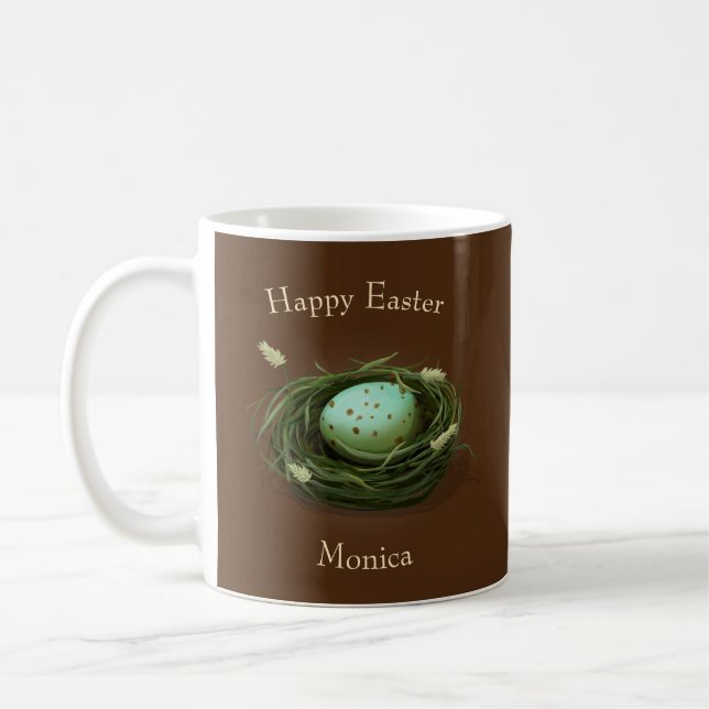 Mug Nid d'oiseau avec oeuf moucheté bleu Texte personn (Gauche)