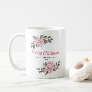 Mug Noël à l'aquarelle Poinsettia rose et Baies de Noë