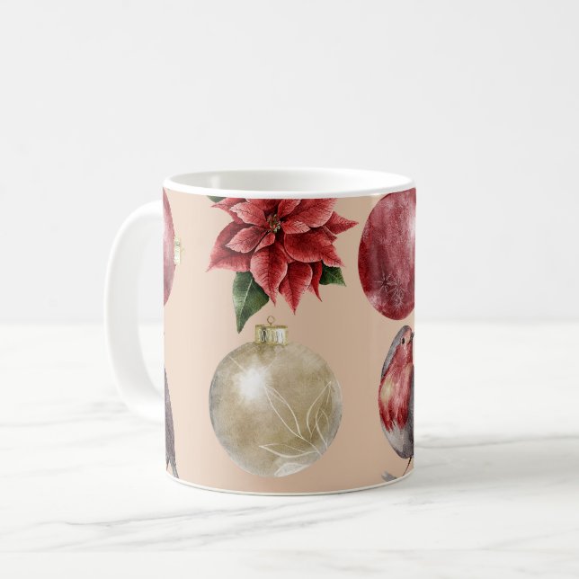 Mug Noël Aquarelle Oiseaux Baubles Motif (Devant gauche)