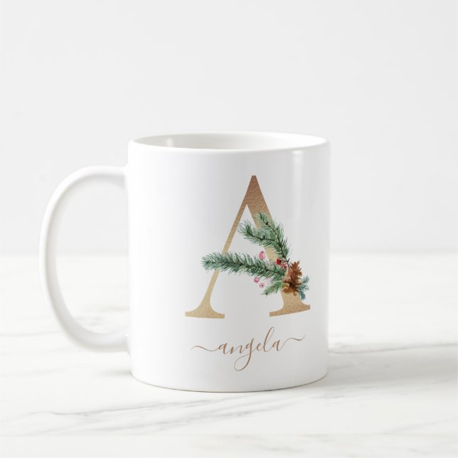 Mug Noël Berries rouges Verdure Or Monogramme A (Gauche)